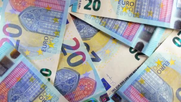Euro Räkningar Roterande Pengar Bakgrund Ovanifrån Valuta För Europengar Blåpapperspengar — Stockvideo