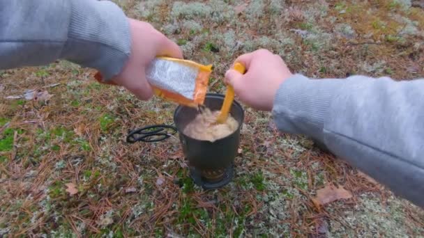 Camp Food Cooking Forest Using Small Cook Set First Person — Stock Video