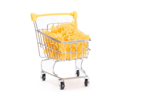 Uncooked Fusilli Pasta Small Shopping Cart Isolated White Background Crisis — Stock Photo, Image