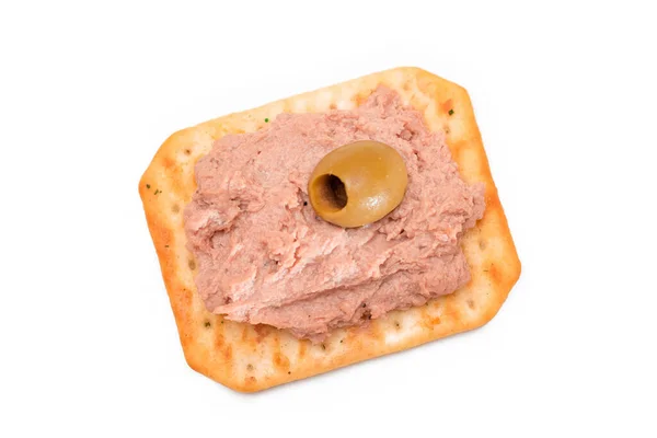 Crispy Salted Cracker Liver Pate Olives Isolated White Easy Snack — Fotografia de Stock