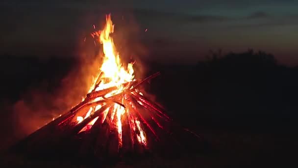 Gran Fogata Ardiente Noche Verano Contra Cielo Azul Madera Llamas — Vídeos de Stock