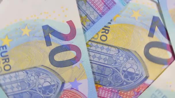 20份欧元票据 周转资金背景 头条新闻 欧元货币 蓝皮书钱 大量的20欧元钞票 现金及储蓄概念 — 图库视频影像