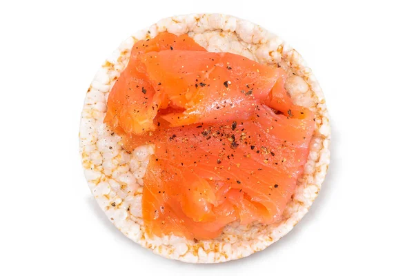 Tasty Rice Cake Sandwich Fresh Salmon Slices Isolated White Top — стоковое фото