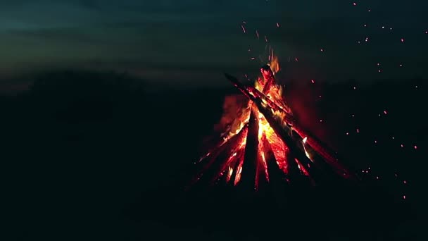 Big Burning Campfire Summer Night Blue Sky Wood Fire Flying — ストック動画