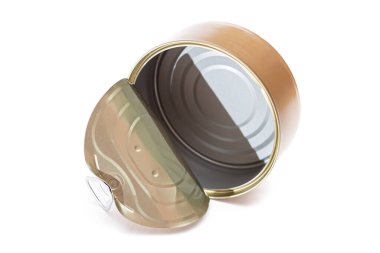 Açılmış Boş Teneke Kutu Beyaz Arkaplanda izole edildi. Temiz kullanılmış alüminyum kutu izolasyon. Çözünmeyen İnorganik Atık