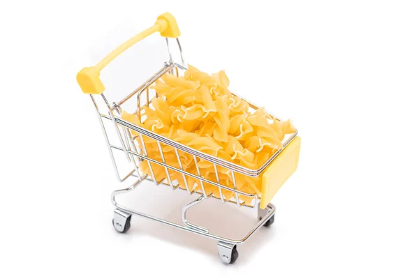 Uncooked Fusilli Pasta Small Shopping Cart Isolated White Background Crisis — Stock Photo, Image