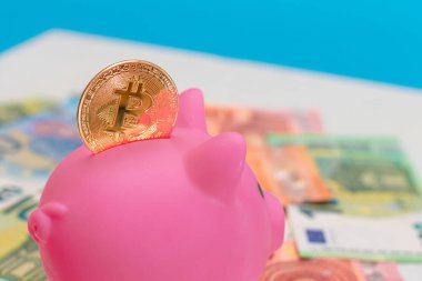 Euro banknotlarında Bitcoin parasıyla Pembe Domuz Kumbarası. Nakit ya da Bozuk Para Kutusu. Para Kaydetme Konsepti