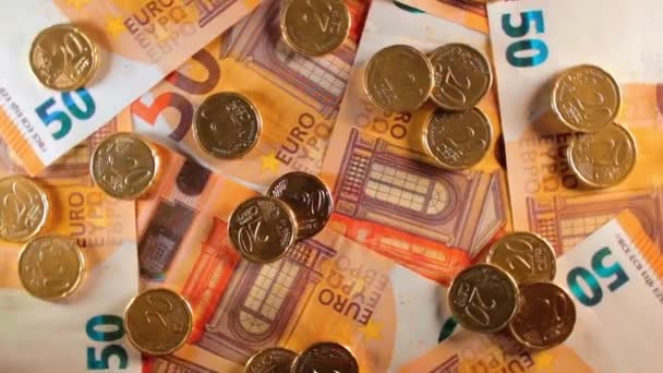 Euro Cent Érme Euro Bankjegyen Felülnézet Euro Money Pénznem Narancssárga — Stock videók