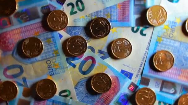Moedas Euro Cent Nas Notas Euro Top View Euro Dinheiro — Vídeo de Stock