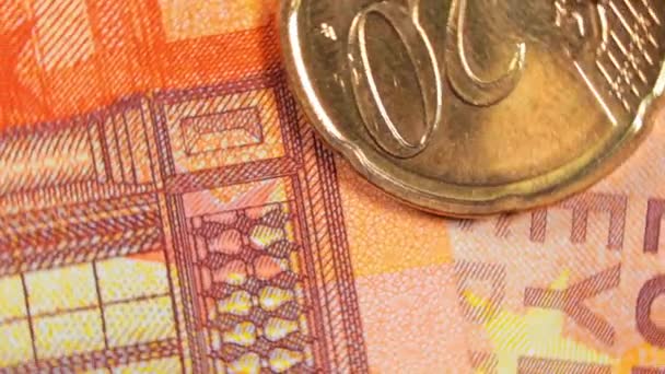 Euro Cent Monete Sulle Banconote Euro Top View Macro Moneta — Video Stock
