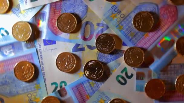 Euro Cent Mynt Euro Sedlarna Ovanifrån Valuta För Europengar Blåpapperspengar — Stockvideo