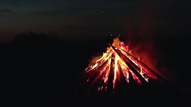 Big Burning Campfire Summer Night Blue Sky Wood Fire Flying — Vídeo de Stock