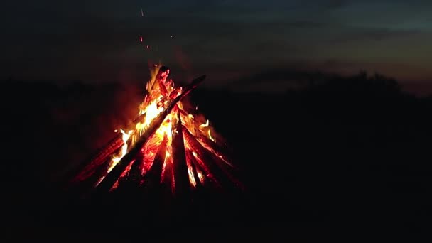 Big Burning Campfire Summer Night Blue Sky Wood Fire Flying — Vídeos de Stock