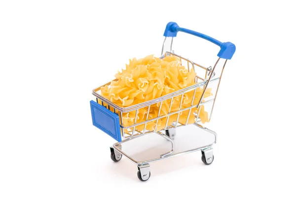 Uncooked Fusilli Pasta Small Shopping Cart Isolated White Background Crisis — Stock Photo, Image