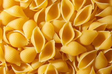 Pişmemiş Conchiglie Pasta: Konchiglie Macaroni 'nin Mutfak Tuvali, Gurme Yemekleri İçin Canlı ve Dokulu Bir Arkaplan Oluşturuyor. Kuru makarna. Raw Macaroni - Top View, Düz Yat