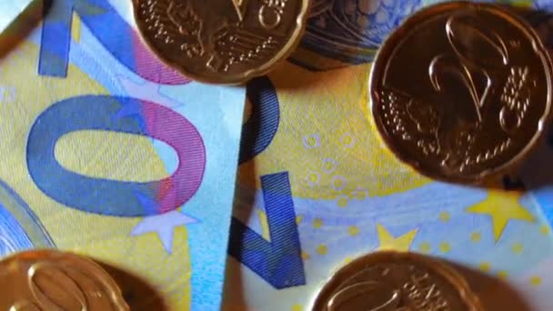 Монеты Номиналом Евро Банкнотах Номиналом Евро Вид Сверху Макро Евро — стоковое видео