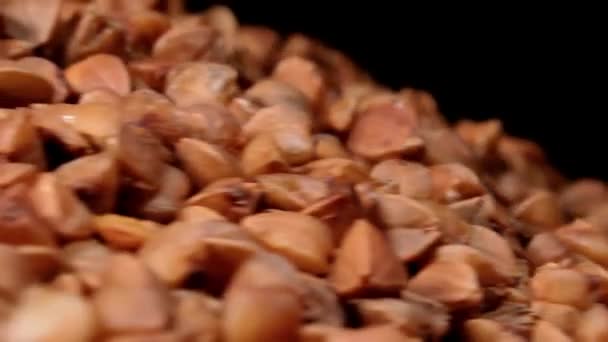 Сухі Неприготовані Brown Buckwheat Groats Heap White Plate Rotating Black — стокове відео