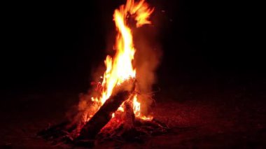 Karanlık Orman 'da Gece Ateşi Yanıyor. Gece vakti Alevli Kamp Ateşi. Şenlik Ateşi için yer. Fire Pit Out, Wood On Fire, Flying Sparks ve Smoke. Seyahat ve Turizm Konsepti - Statik Atış