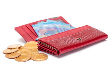 İçinde 20 Euro 'luk banknotlar ve Beyaz Arkaplan' da izole edilmiş Bitcoin bozuklukları olan Kırmızı Kadın Cüzdanı açıldı. Zenginliği, başarıyı, alışveriş ve sosyal statüyü sembolize eden Bir Cüzdan dolusu para - izolasyon