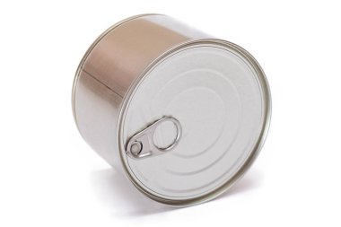 Beyaz arka planda izole edilmemiş yuvarlak teneke kutu. Konserve yiyecekler. Güvenli ve uzun vadeli yiyecek depolama için alüminyum kutu. Çelik Mühürlü Yiyecek Depolama Konteynırı - Tecrit