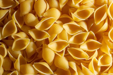 Pişmemiş Conchiglie Pasta: Konchiglie Macaroni 'nin Mutfak Tuvali, Gurme Yemekleri İçin Canlı ve Dokulu Bir Arkaplan Oluşturuyor. Kuru makarna. Raw Macaroni - Top View, Düz Yat