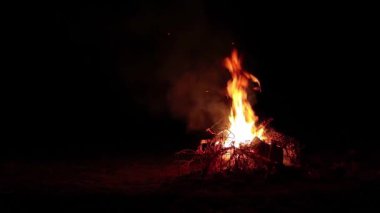 Karanlık Orman 'da Gece Ateşi Yanıyor - Yavaş Hareket. Gece vakti Alevli Kamp Ateşi. Şenlik Ateşi için yer. Ateş Çukuru, Ateş Altında Orman, Uçan Kıvılcımlar ve Duman - Statik Atış