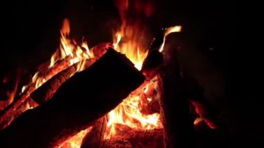 Karanlık Orman 'da Gece Ateşi Yanıyor - Yavaş Hareket. Gece vakti Alevli Kamp Ateşi. Şenlik Ateşi için yer. Ateş Çukuru, Ateş Altında Orman, Uçan Kıvılcımlar ve Duman - Statik Atış