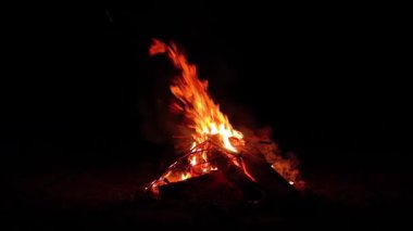 Night Bonfire Burns in the Dark Forest - Isolated on Black. Flaming Campfire at Nighttime. Place for Bonfire. Fire Pit Outdoors, Wood on Fire, Flying Sparks and Smoke - Slow Motion