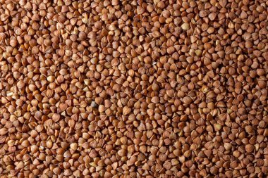 Kuru pişmemiş kahverengi karabuğday tarlası arka planı - Top View, Düz Yat. Çiğ Büyük Karabuğday Taneleri. Rus, Ukrayna ve Beyaz Rusya Kültürü