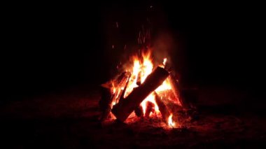 Karanlık Orman 'da Gece Ateşi Yanıyor. Gece vakti Alevli Kamp Ateşi. Şenlik Ateşi için yer. Fire Pit Out, Wood On Fire, Flying Sparks ve Smoke. Seyahat ve Turizm Konsepti - Statik Atış