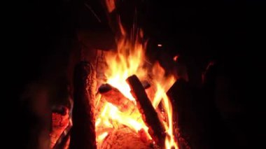 Karanlık Orman 'da Gece Ateşi Yanıyor. Gece vakti Alevli Kamp Ateşi. Şenlik Ateşi için yer. Fire Pit Out, Wood On Fire, Flying Sparks ve Smoke. Seyahat ve Turizm Konsepti - Statik Atış