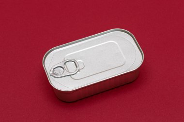 Kırmızı Arkaplanda Boşluk Kenarı olan Kutulanmamış Teneke Kutu. Konserve yiyecekler. Güvenli ve uzun vadeli yiyecek depolama için alüminyum kutu. Çelik Mühürlü Yiyecek Depolama Kutusu