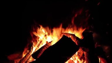Karanlık Orman 'da Gece Ateşi Yanıyor - Yavaş Hareket. Gece vakti Alevli Kamp Ateşi. Şenlik Ateşi için yer. Ateş Çukuru, Ateş Altında Orman, Uçan Kıvılcımlar ve Duman - Statik Atış