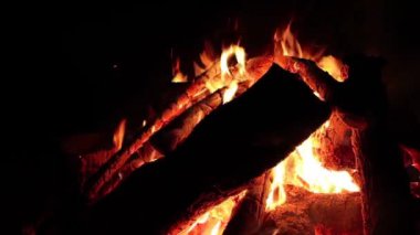 Karanlık Orman 'da Gece Ateşi Yanıyor - Yavaş Hareket. Gece vakti Alevli Kamp Ateşi. Şenlik Ateşi için yer. Ateş Çukuru, Ateş Altında Orman, Uçan Kıvılcımlar ve Duman - Statik Atış