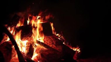 Karanlık Orman 'da Gece Ateşi Yanıyor - Yavaş Hareket. Gece vakti Alevli Kamp Ateşi. Şenlik Ateşi için yer. Ateş Çukuru, Ateş Altında Orman, Uçan Kıvılcımlar ve Duman - Statik Atış