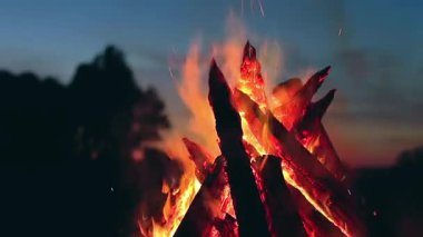 Blue Sky 'a karşı Yaz Gecesinde Büyük Yanan Kamp Ateşi. Ateşe odun. Uçan Kıvılcım. Seyahat ve Turizm Konsepti. Dev Alevli Şenlik Ateşi - Statik Çekim, Zaman Aşımı