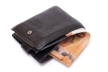 İçinde 50 Euro olan Siyah Deri Adamlar Cüzdanı Beyaz Arkaplanda İzole Edilmiş. Zenginliği, başarıyı ve sosyal statüyü sembolize eden Para dolu bir çanta - izolasyon