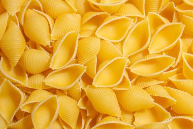 Pişmemiş Conchiglie Pasta: Konchiglie Macaroni 'nin Mutfak Tuvali, Gurme Yemekleri İçin Canlı ve Dokulu Bir Arkaplan Oluşturuyor. Kuru makarna. Raw Macaroni - Top View, Düz Yat