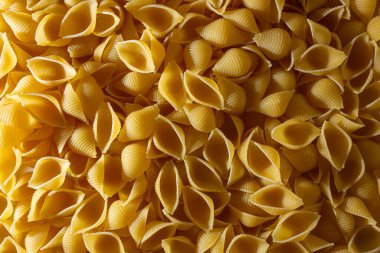 Pişmemiş Conchiglie Pasta: Konchiglie Macaroni 'nin Mutfak Tuvali, Gurme Yemekleri İçin Canlı ve Dokulu Bir Arkaplan Oluşturuyor. Kuru makarna. Raw Macaroni - Top View, Düz Yat