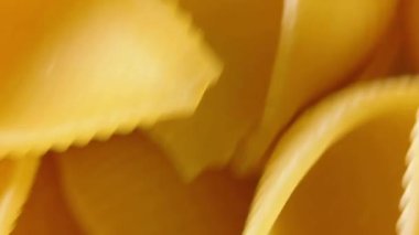 Pişmemiş Conchiglie Pasta: Konchiglie Macaroni 'nin Mutfak Tuvali, Gurme Yemekleri İçin Canlı ve Dokulu Bir Arkaplan Oluşturma - Döndürme. Kuru makarnaya dönüşüyor. Çiğ makarna - Açısal Döndürme