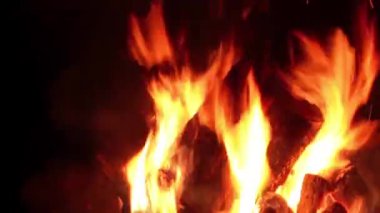 Karanlık Orman 'da Gece Ateşi Yanıyor. Gece vakti Alevli Kamp Ateşi. Şenlik Ateşi için yer. Fire Pit Out, Wood On Fire, Flying Sparks ve Smoke. Seyahat ve Turizm Konsepti - Statik Atış