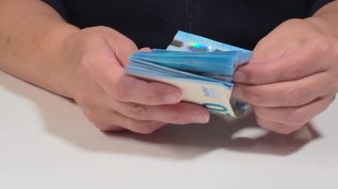 Elde Para Saymak. Avrupa Birliği Parası. Beyaz Kadın 20 Avro Banknotları Sayıyor - Ön Manzara, Yakın plan. Mavi Kağıt Nakit. 20 Euro Elde. Gelir, Tasarruf ve Harcama Konsepti