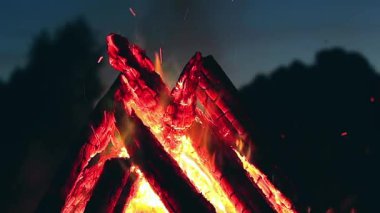 Big Burning Campfire in Early Morning or Evening against the Blue Sky. Wood on Fire. Flying Sparks. Travel and Tourism Concept. Giant Flaming Bonfire at Summer - Static Shot, Slow Motion