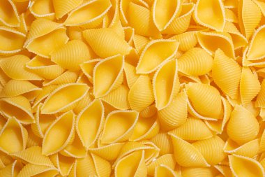 Pişmemiş Conchiglie Pasta: Konchiglie Macaroni 'nin Mutfak Tuvali, Gurme Yemekleri İçin Canlı ve Dokulu Bir Arkaplan Oluşturuyor. Kuru makarna. Raw Macaroni - Top View, Düz Yat