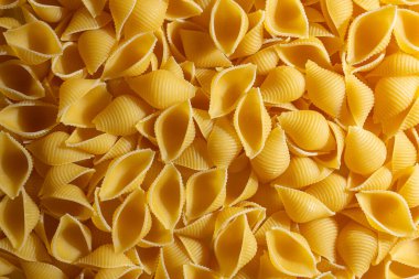 Pişmemiş Conchiglie Pasta: Konchiglie Macaroni 'nin Mutfak Tuvali, Gurme Yemekleri İçin Canlı ve Dokulu Bir Arkaplan Oluşturuyor. Kuru makarna. Raw Macaroni - Top View, Düz Yat