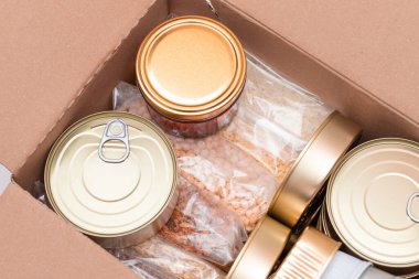 Yiyecek Rezervleri veya Bağış Kutusu: Konserve yiyecek, mısır gevreği ve marketle birlikte kutular. Kriz anında acil durum gıda deposu. Ücretsiz Sosyal Yardım, Lütuf ve Bakım. Stratejik Gıda Malzemeleri