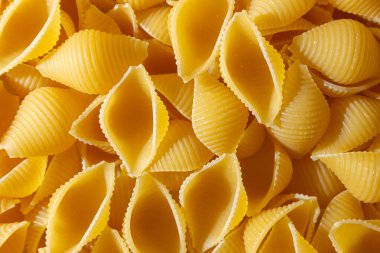 Pişmemiş Conchiglie Pasta: Konchiglie Macaroni 'nin Mutfak Tuvali, Gurme Yemekleri İçin Canlı ve Dokulu Bir Arkaplan Oluşturuyor. Kuru makarna. Raw Macaroni - Top View, Düz Yat