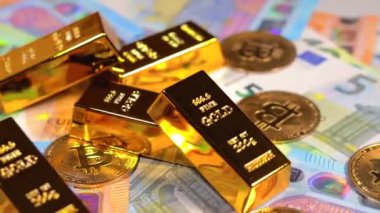 Değişik Euro Banknotları üzerinde Bitcoin bozuklukları olan Fine Gold Bar 'lar. Avrupa para birimi. Renkli Kağıt Para. Bir sürü Euro Cash. Gelir, Gelir, Kripto Para Birikim ve Zenginlik Konsepti