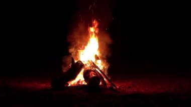 Karanlık Orman 'da Gece Ateşi Yanıyor - Yavaş Hareket. Gece vakti Alevli Kamp Ateşi. Şenlik Ateşi için yer. Ateş Çukuru, Ateş Altında Orman, Uçan Kıvılcımlar ve Duman - Statik Atış