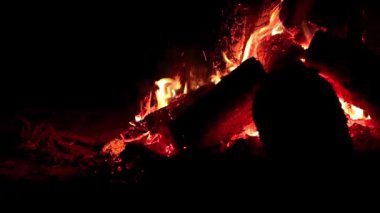 Karanlık Orman 'da Gece Ateşi Yanıyor - Yavaş Hareket. Gece vakti Alevli Kamp Ateşi. Şenlik Ateşi için yer. Ateş Çukuru, Ateş Altında Orman, Uçan Kıvılcımlar ve Duman - Statik Atış